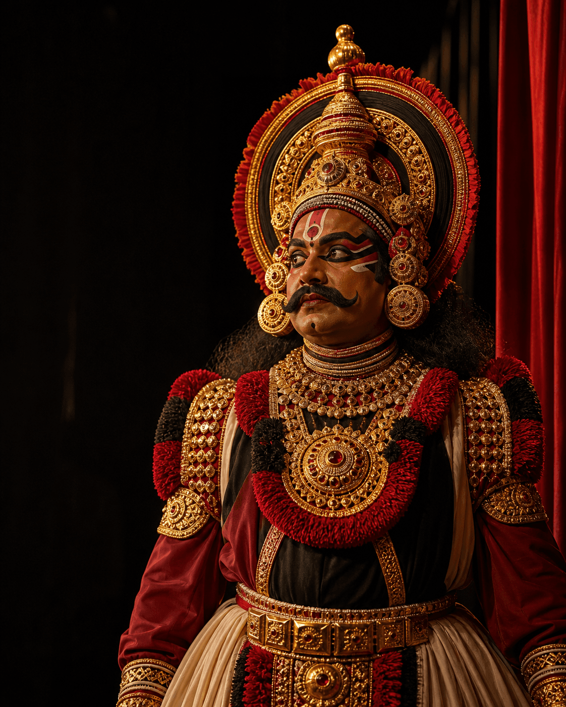 Badagutittu Yakshagana performer in ornate costume against a dark stage