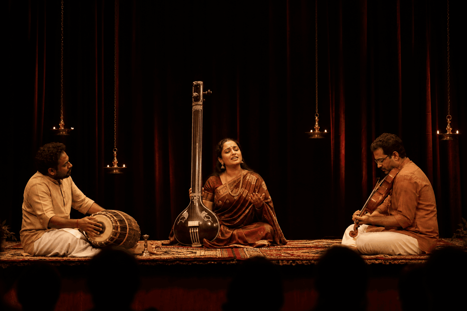 Carnatic vocalist performing with violin and mridangam musicians on a warmly lit theatre stage