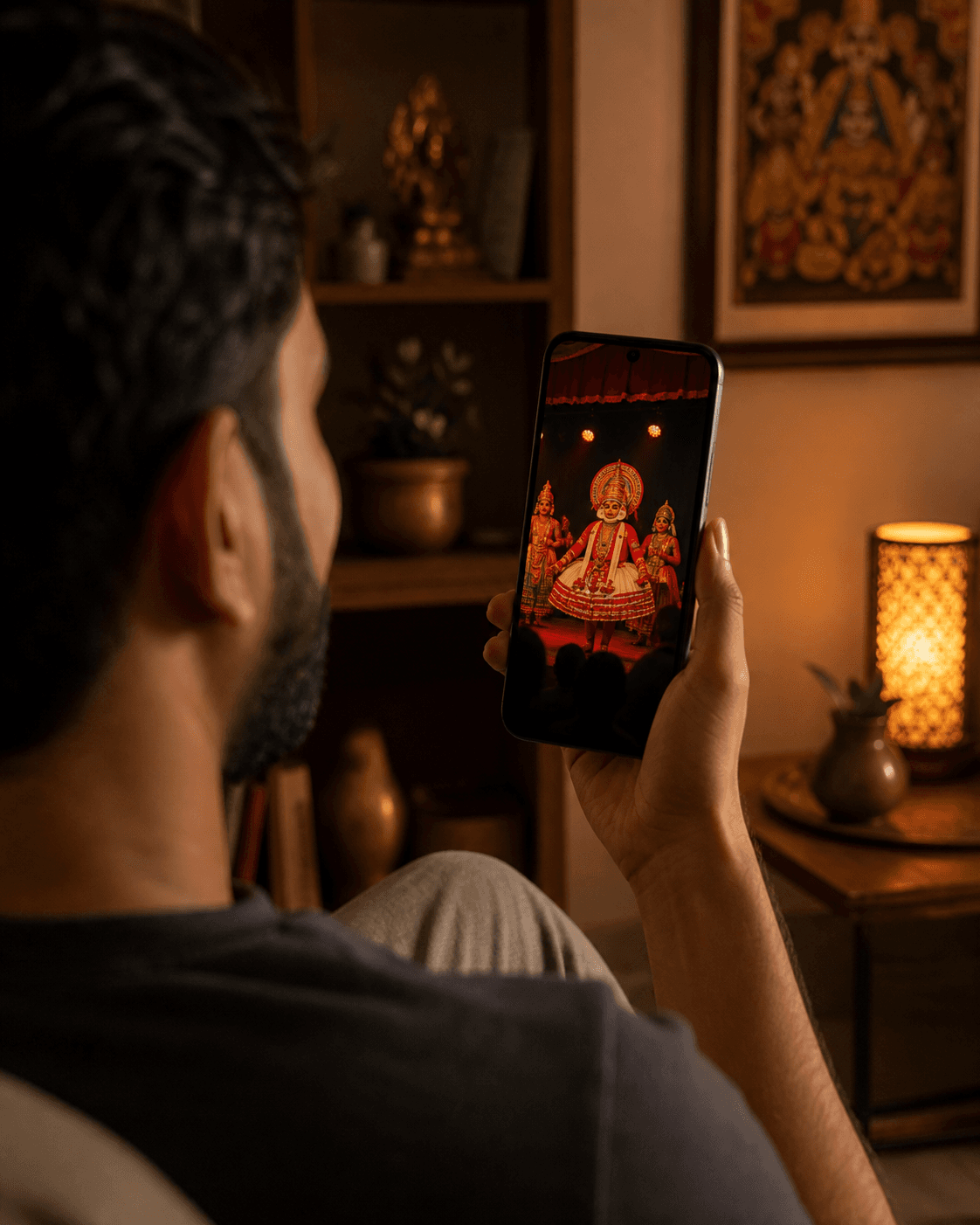 Viewer watching a live Yakshagana performance on a mobile phone at home