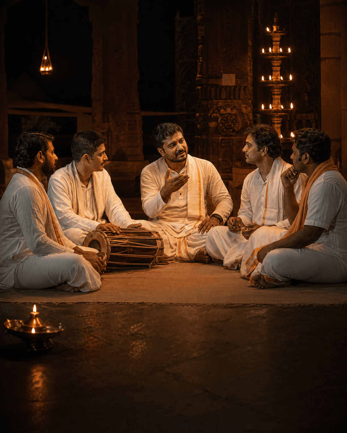 Talamaddale performers seated in formal dialogue with the Himmela ensemble behind them