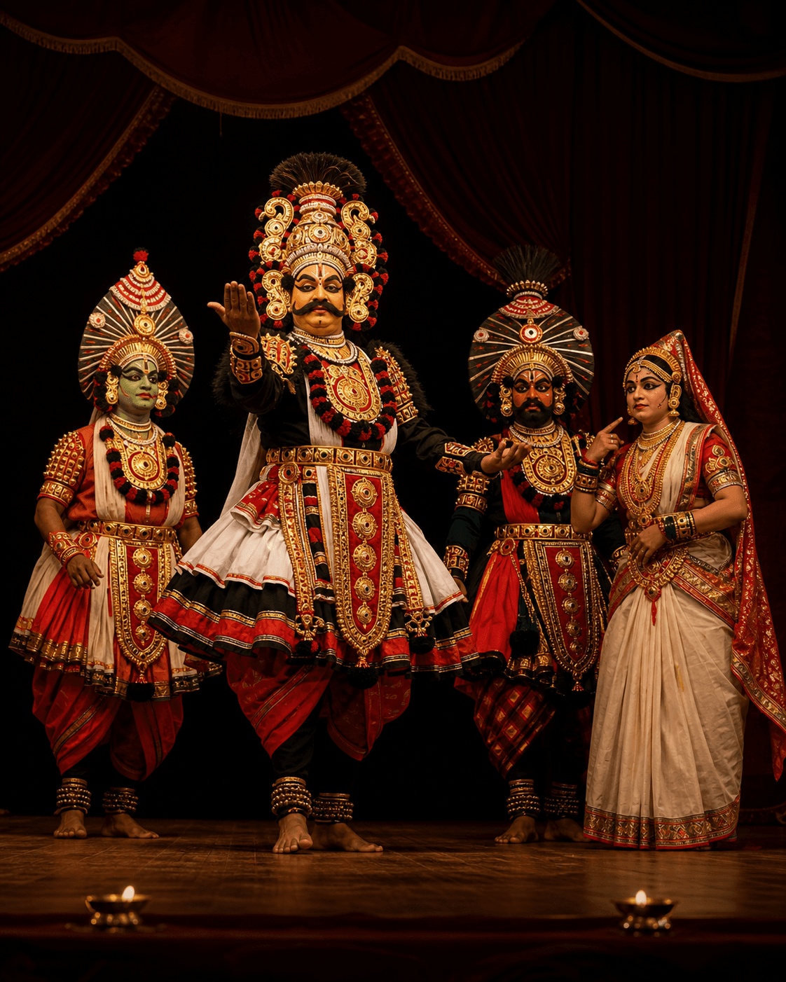 Yakshagana artistes in full costume performing on stage